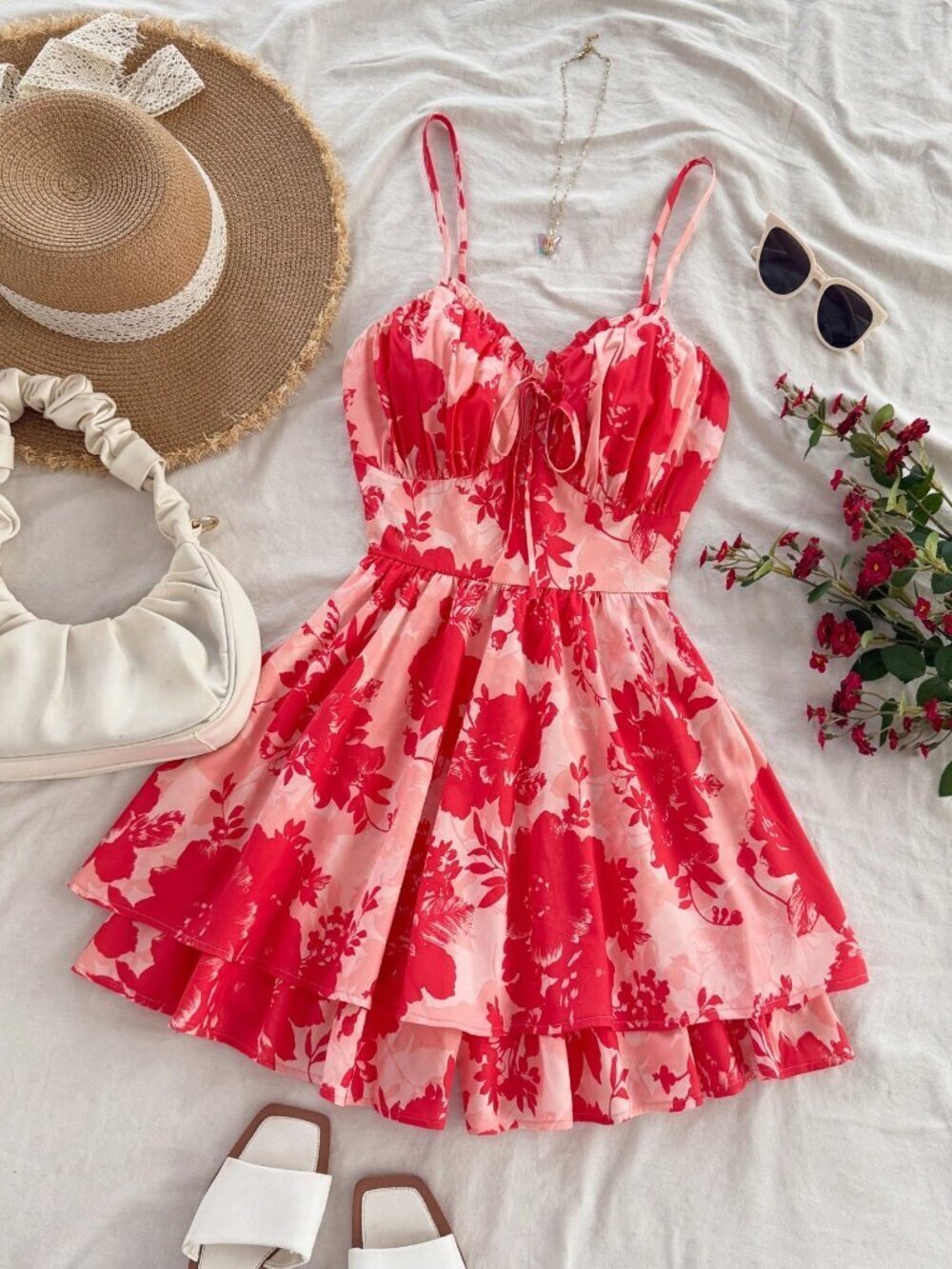 Red Boho Women's Ruffle Collar, Ruched Waist Spaghetti Strap A-Line Romper - Picture 5 of 12